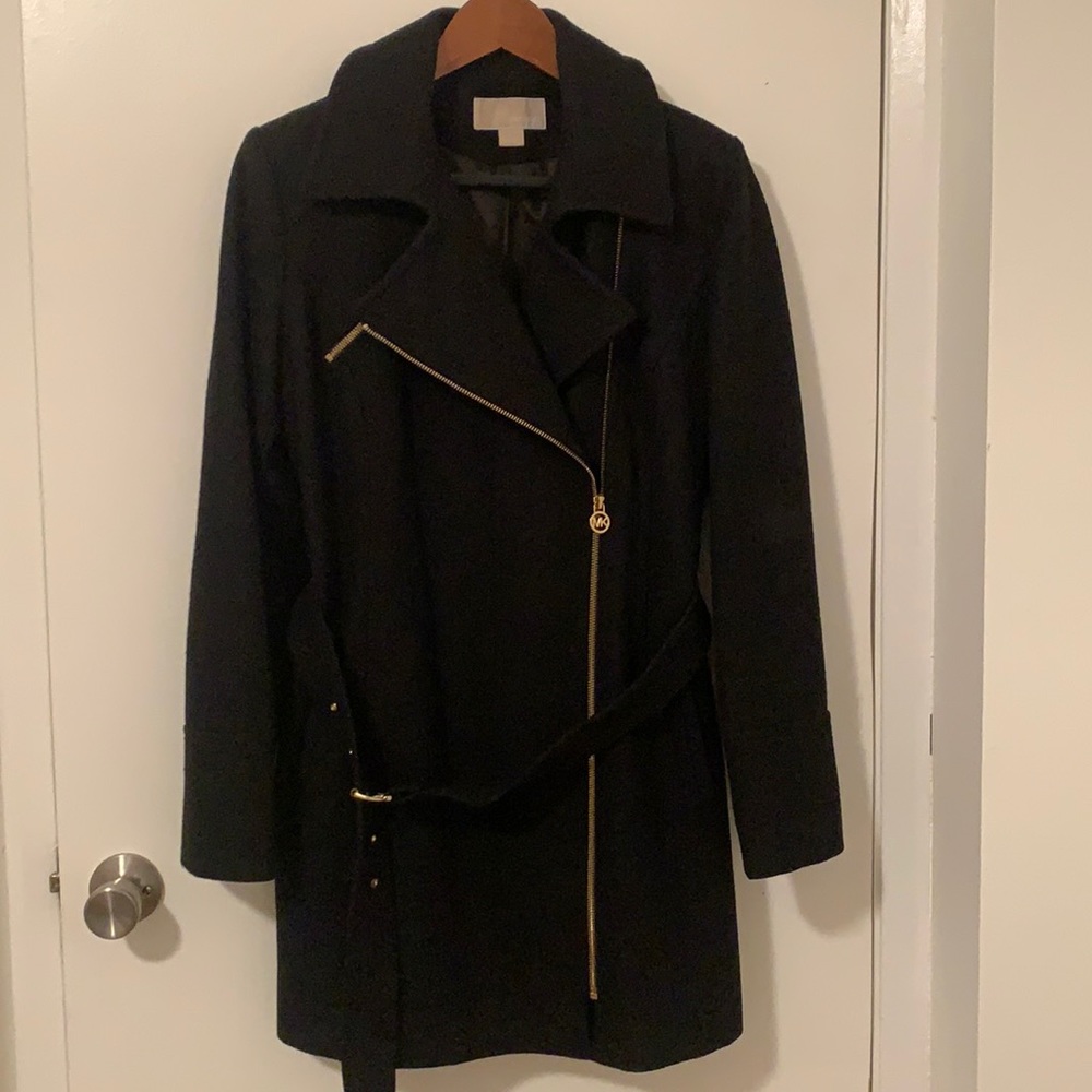 Michael Kors belted coat with gold zippers.
